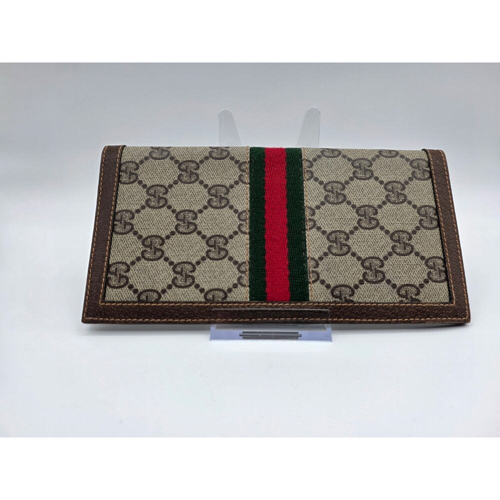 Gucci Vintage GG Canvas Web Stripe Long Wallet Brown Monogram Leather - Picture 2 of 16